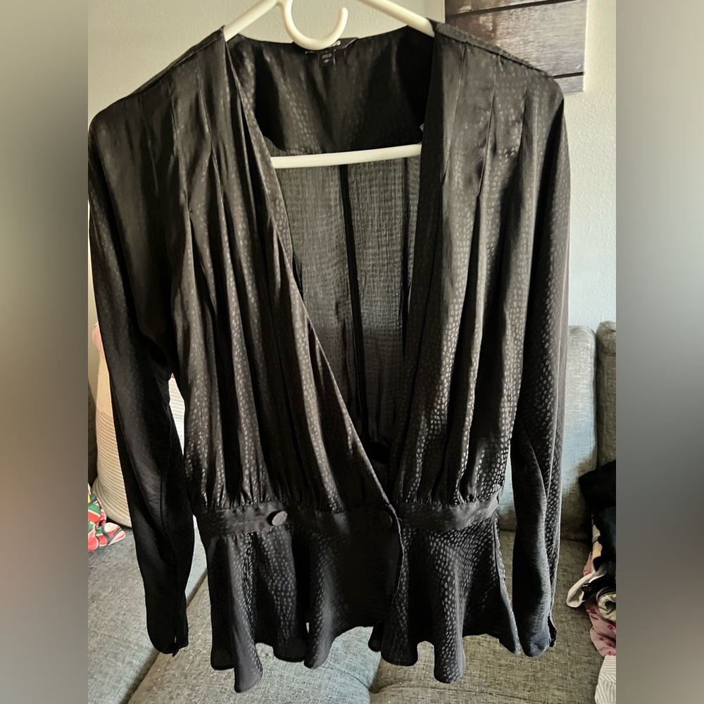 Black low cross front silky shirt with long sleeves